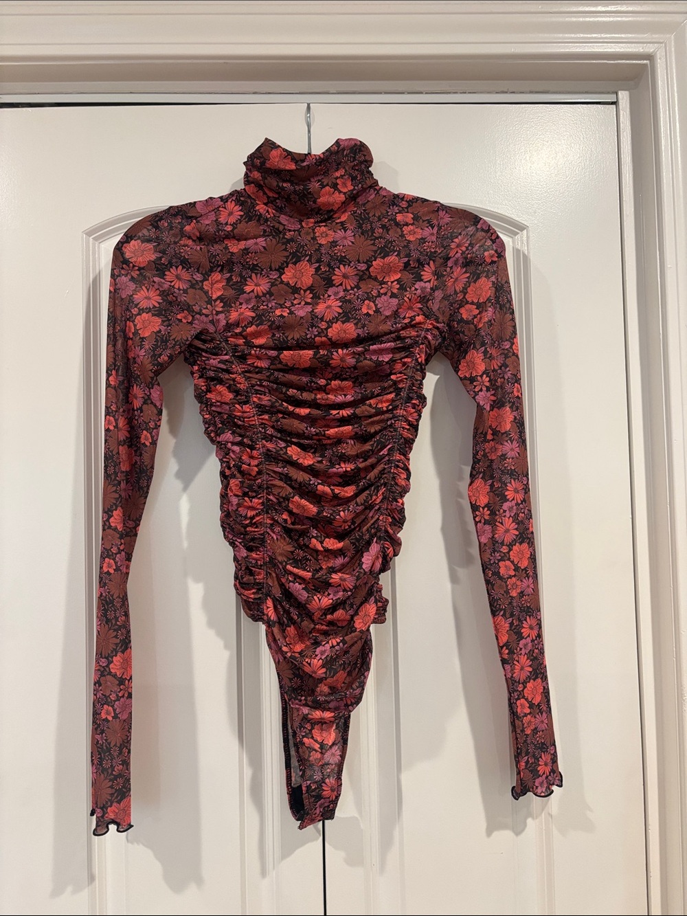 Free People Black Pink Floral Ruched Turtleneck Bodysuit